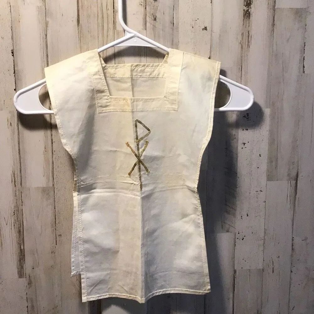 Vintage linen and gold altar, boy smock